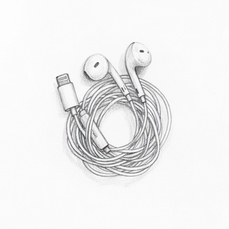 A pencil sketch of coiled earbuds on a blank page
