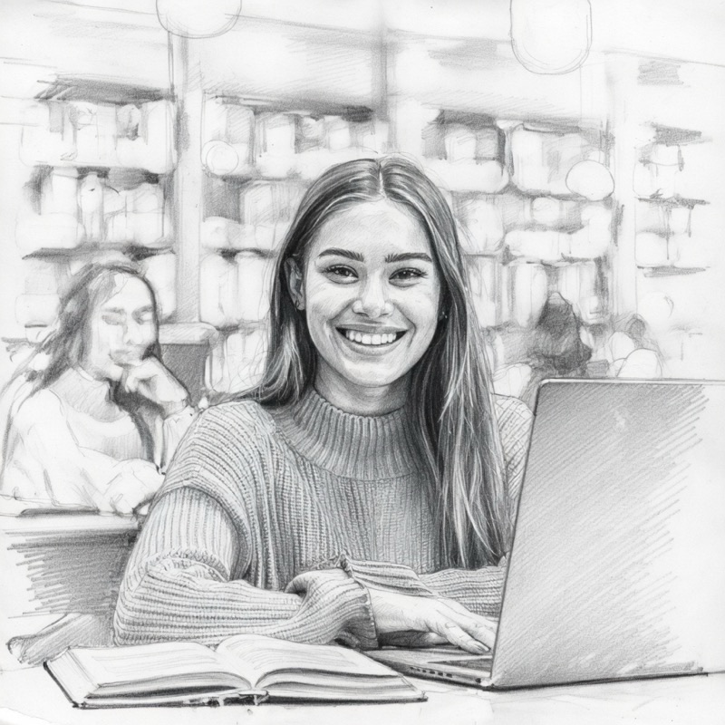 A smiling student studying at a library table with a laptop and open book