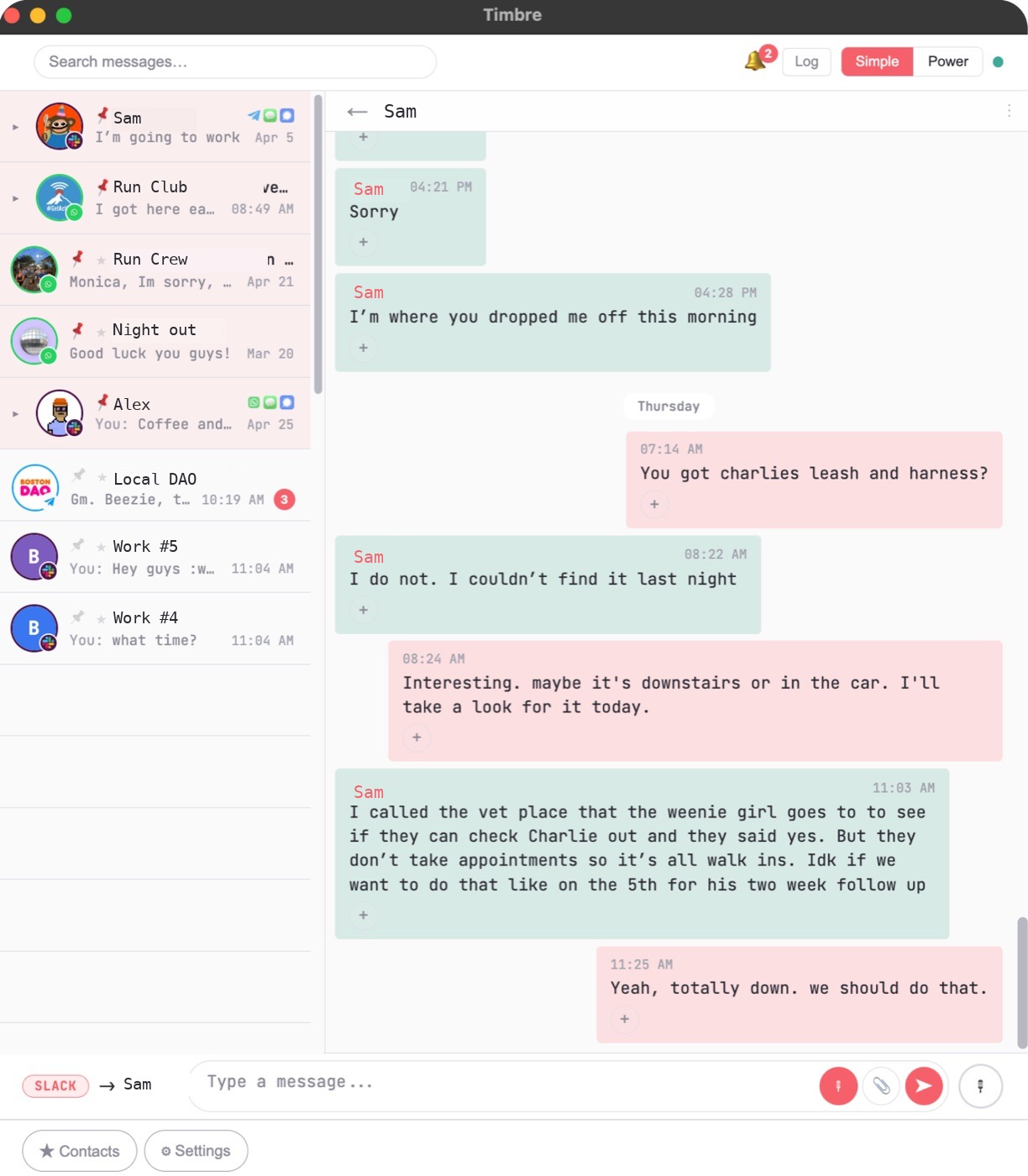 Timbre desktop interface showing a unified inbox with columns from multiple messaging and email accounts